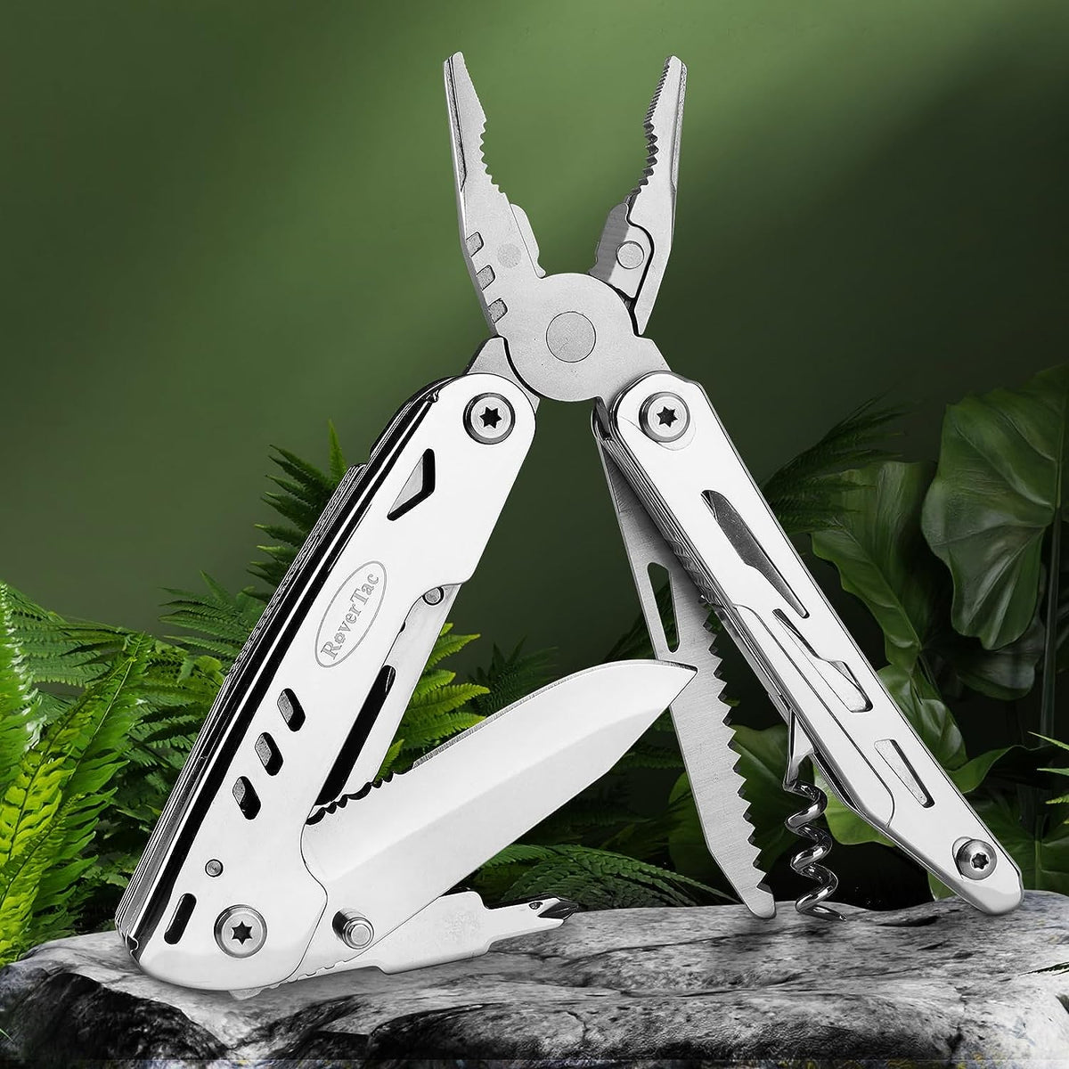 Multi Function Pocket Tools Chest Knife Stainless Steel with 11 features:  knife, saw, double jagged, scissors, bottle opener, can opener, the