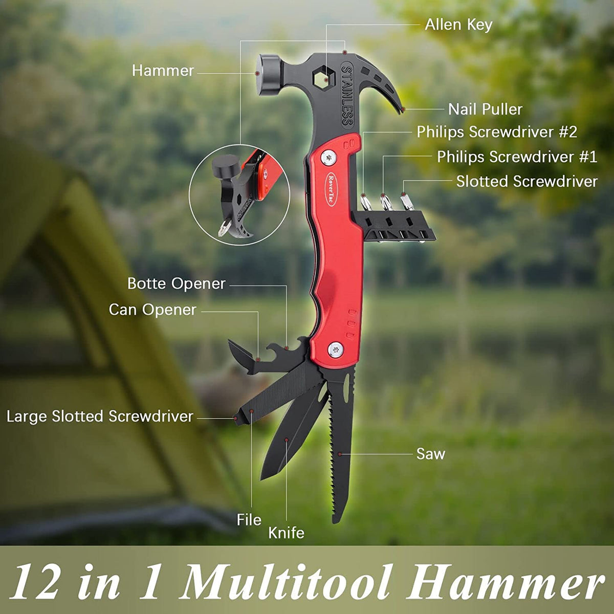 Hammer Multi-tool, Multi-Functional 12 in 1 Mini Hammer Camping Gear  Survival Tool for Men,Cool & Unique Birthday Christmas Gifts Ideas