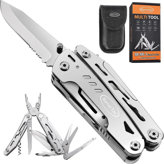 RoverTac Multi Tool Pocket Knife Tactical Camping Survival Knife Gifts for Men Dad Husband 18 in 1 Multitool Pliers Scissors Saw Corkscrew Bottle Opener 9-pack Screwdrivers Safety Lock Nylon Sheath