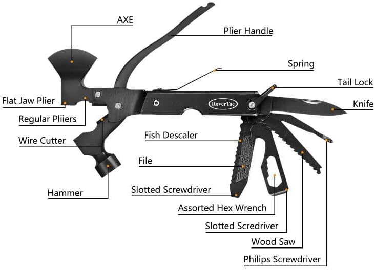 RoverTac Multitool Axe Camping Survival Gear Christmas Gifts for Men Dad Him 14-in-1 Multi Tool Knife Hammer Pliers Saw Screwdrivers Bottle Can Opener Nylon Sheath Perfect for Camping Hiking Survival