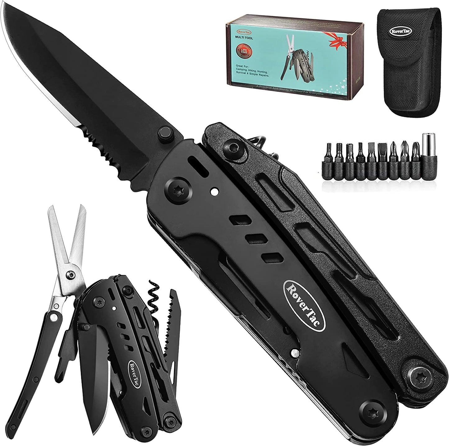 RoverTac Multitool Knife Camping Survival Knife Unique Gifts for Men Dad Husband 18 in 1 Multitools Knife Pliers Scissors Saw Corkscrew Bottle Opener 9-Pack Screwdrivers with Safety Lock Nylon Sheath