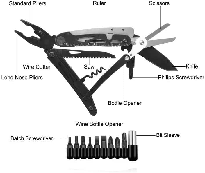 RoverTac Multitool Knife Camping Survival Knife Unique Gifts for Men Dad Husband 18 in 1 Multitools Knife Pliers Scissors Saw Corkscrew Bottle Opener 9-Pack Screwdrivers with Safety Lock Nylon Sheath