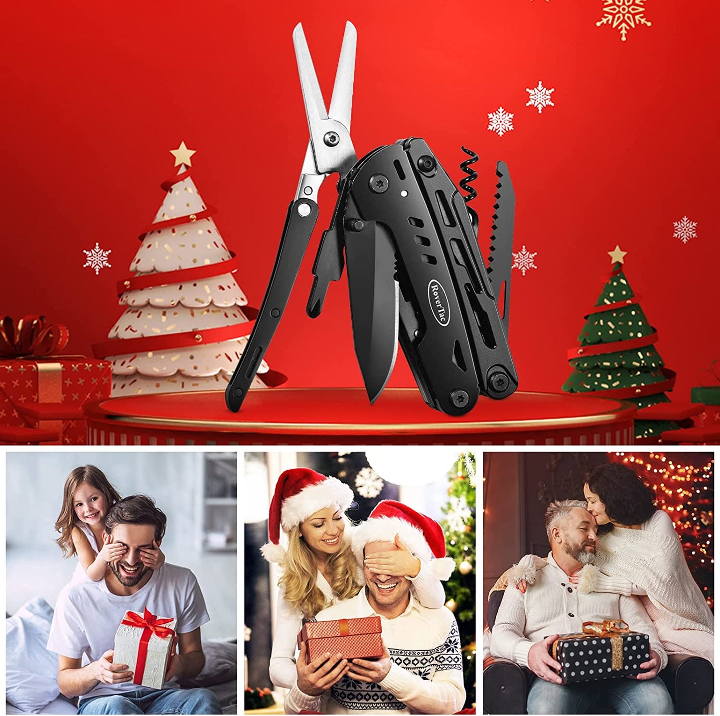 RoverTac Multitool Knife Camping Survival Knife Unique Gifts for Men Dad Husband 18 in 1 Multitools Knife Pliers Scissors Saw Corkscrew Bottle Opener 9-Pack Screwdrivers with Safety Lock Nylon Sheath