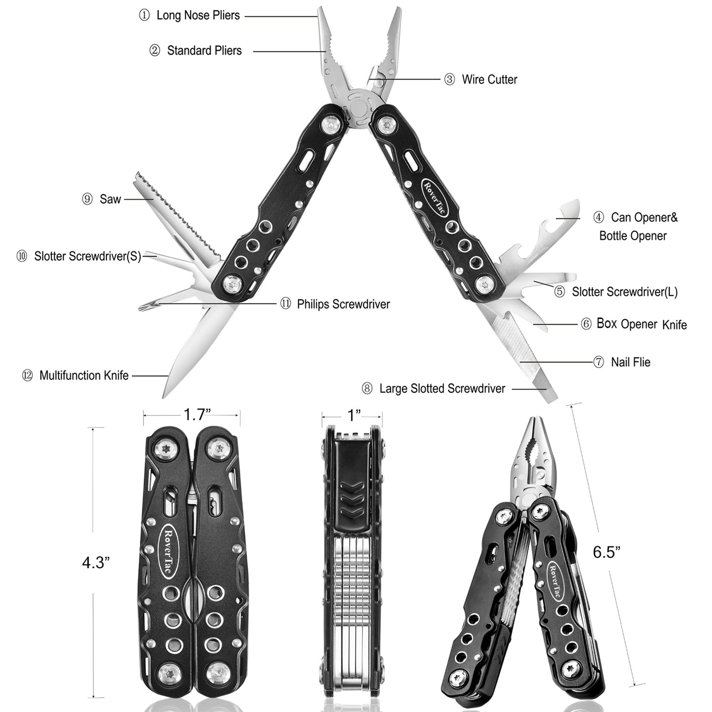 RoverTac Multitool Pliers Pocket Knife Camping Tool Gifts for Men 14 in 1 Multi Tool with Safety Lock Screwdrivers Saw Bottle Opener Durable Sheath Perfect for Camping Survival Hiking Simple Repairs