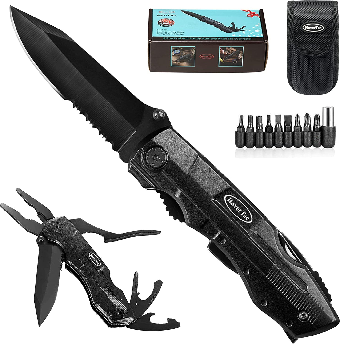 RoverTac Pocket Knife Tactical Folding Multi Tool Knife with Pliers Bottle & Can Opener 9-Pack Screwdrivers Liner Lock Nylon Sheath Perfect for Camping Survival Hiking