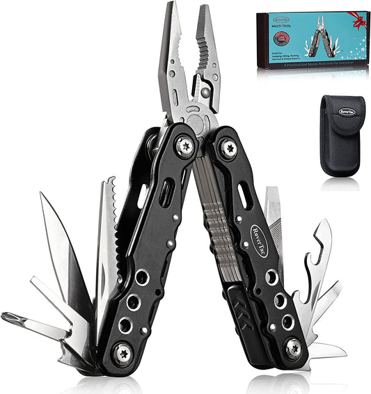 RoverTac Multitool Pliers Pocket Knife Camping Tool Gifts for Men 14 in 1 Multi Tool with Safety Lock Screwdrivers Saw Bottle Opener Durable Sheath Perfect for Camping Survival Hiking Simple Repairs