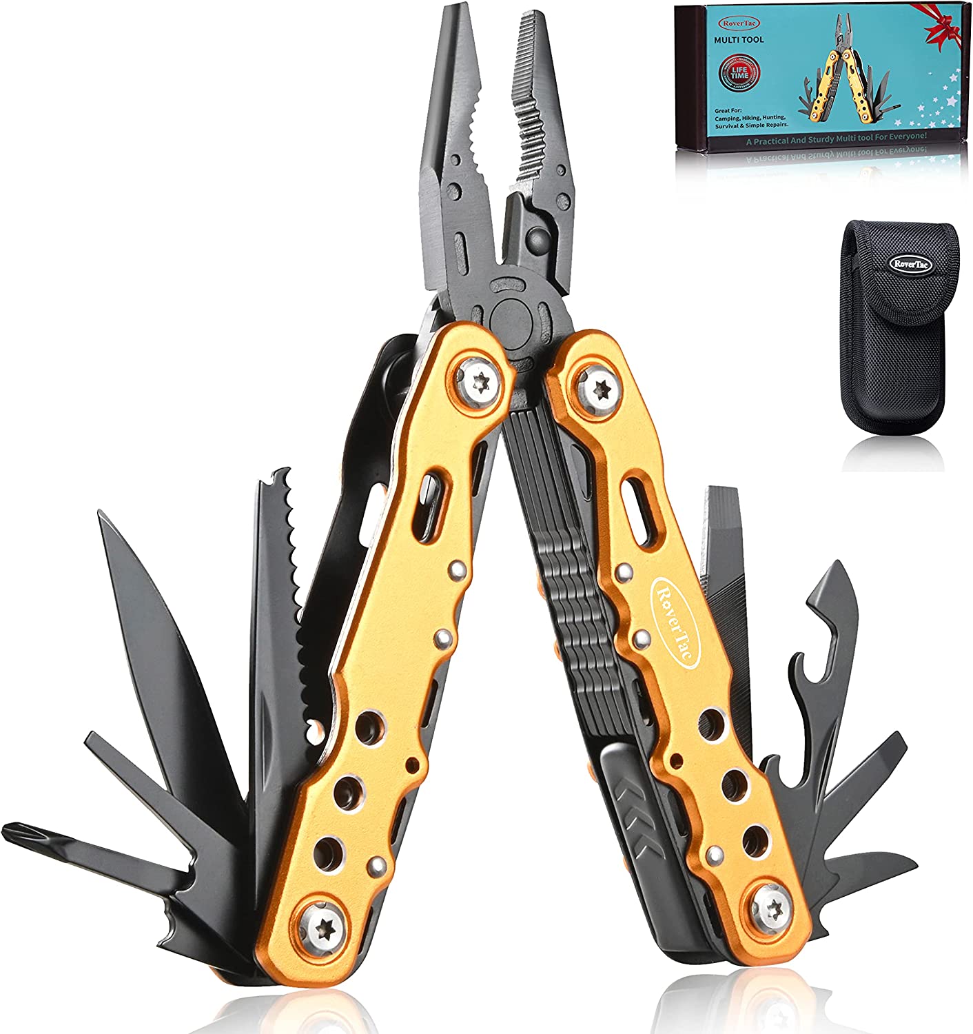 Gifts for Dad Husband Boyfriend Gifts for Him Unique Birthday Gifts for Men RoverTac 14 in 1 Multitool Pocket Knife Pliers Screwdrivers Saw Bottle Opener Perfect for Camping Survival Hiking Repairs