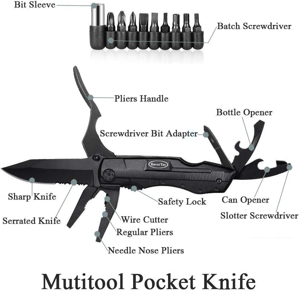 RoverTac Pocket Knife Tactical Folding Multi Tool Knife with Pliers Bottle & Can Opener 9-Pack Screwdrivers Liner Lock Nylon Sheath Perfect for Camping Survival Hiking