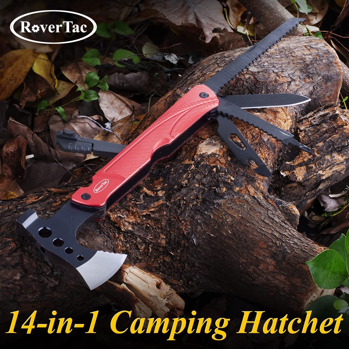 RoverTac Camping Hatchet Multitool Axe Survival Gear Gifts for Men Dad Him 14-in-1 Axe Hammer Knife Saw Bottle Opener Fire Starter Whistle Perfect for Camping Survival Hiking Fishing