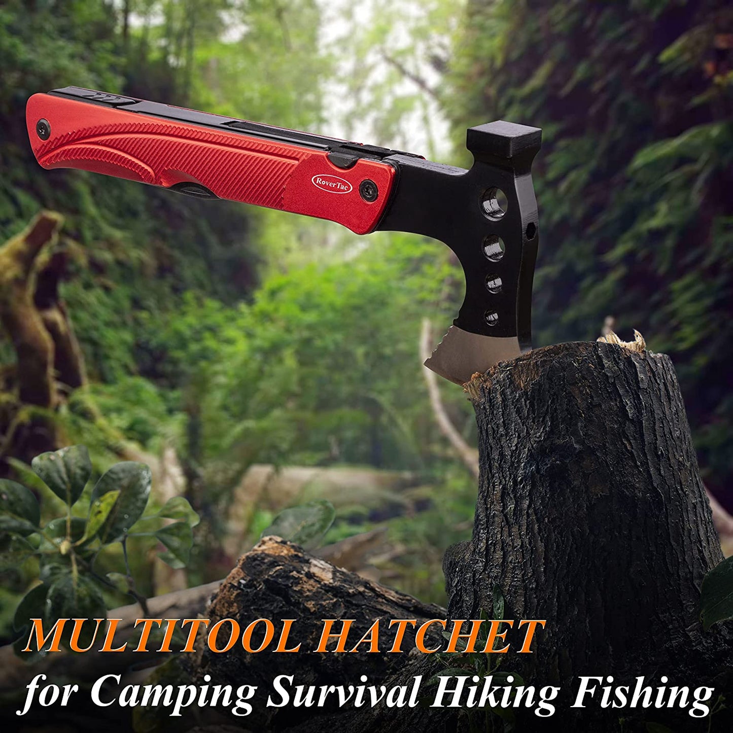 RoverTac Camping Hatchet Multitool Axe Survival Gear Gifts for Men Dad Him 14-in-1 Axe Hammer Knife Saw Bottle Opener Fire Starter Whistle Perfect for Camping Survival Hiking Fishing